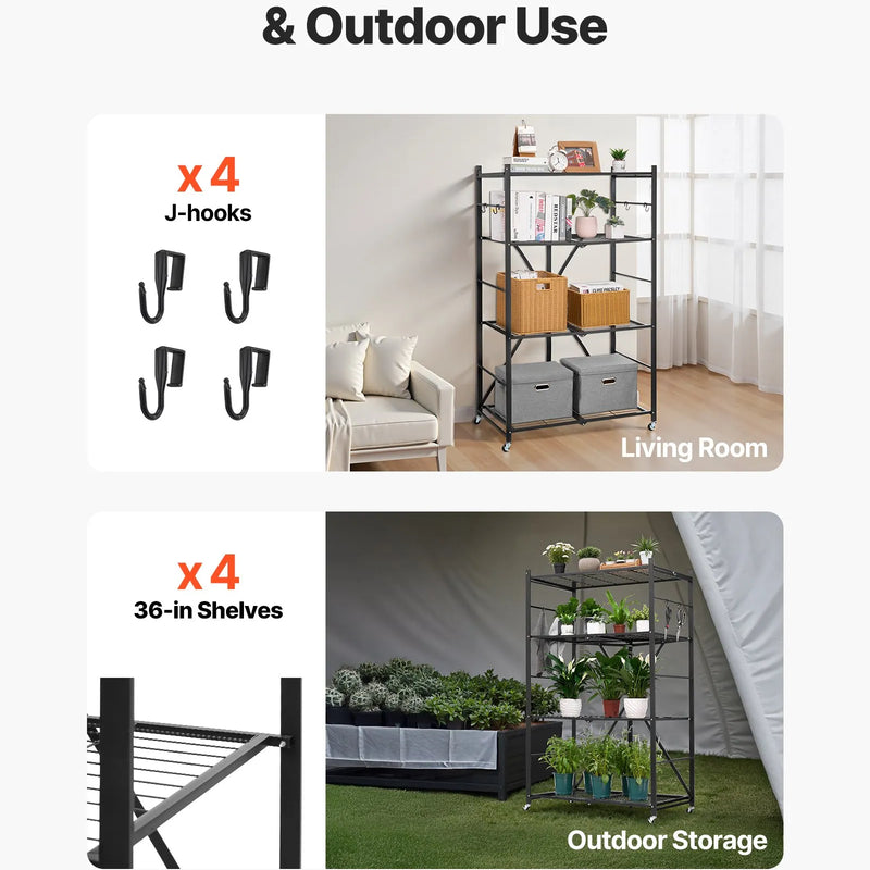 Saliekamais uzglabāšanas plaukts ar riteņiem, 4 līmeņi, bez montāžas, organizators, melns