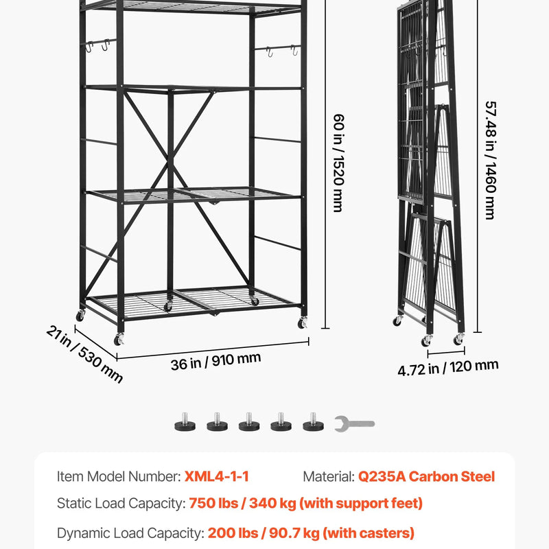 Saliekamais uzglabāšanas plaukts ar riteņiem, 4 līmeņi, bez montāžas, organizators, melns