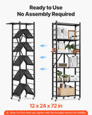 6 līmeņu salokāma metāla uzglabāšanas plaukts ar ritenīšiem, 610 × 305 × 1830 mm