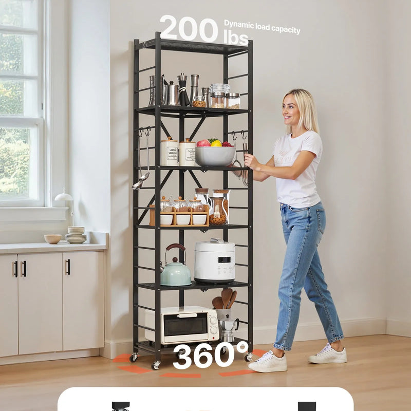 6 līmeņu salokāma metāla uzglabāšanas plaukts ar ritenīšiem, 610 × 305 × 1830 mm