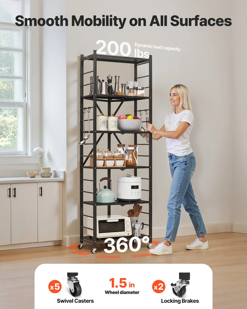 6 līmeņu salokāma metāla uzglabāšanas plaukts ar ritenīšiem, 610 × 305 × 1830 mm