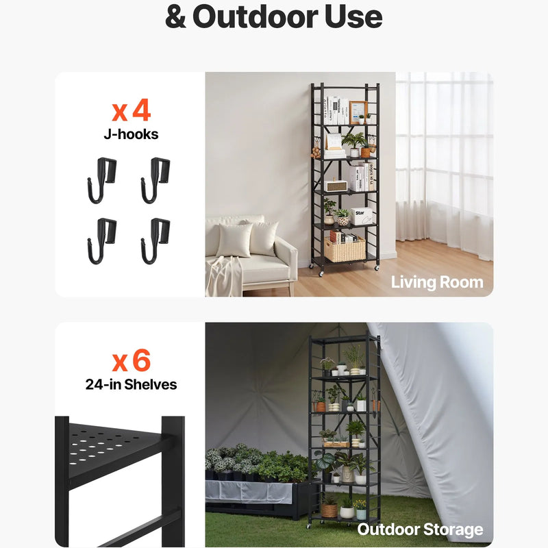 6 līmeņu salokāma metāla uzglabāšanas plaukts ar ritenīšiem, 610 × 305 × 1830 mm