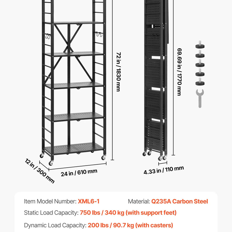 6 līmeņu salokāma metāla uzglabāšanas plaukts ar ritenīšiem, 610 × 305 × 1830 mm