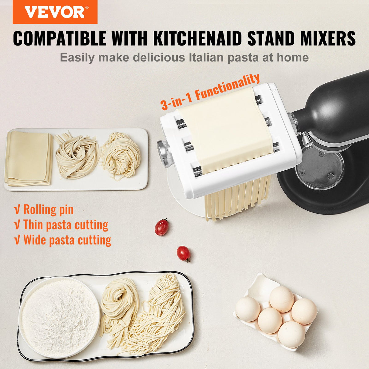 VEVOR насадка для пасты KitchenAid 3-в-1, резаки для спагетти и феттучини, 8 толщин