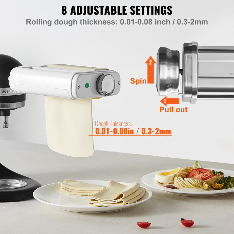 VEVOR Pasta Piederums KitchenAid Mikserim, 3-IN-1 Nerūsējošā Tērauda Ruļļa Griezējs, Spaghetti un Fettuccine Griezēji, 8 Biezuma Regulēšanas Poga