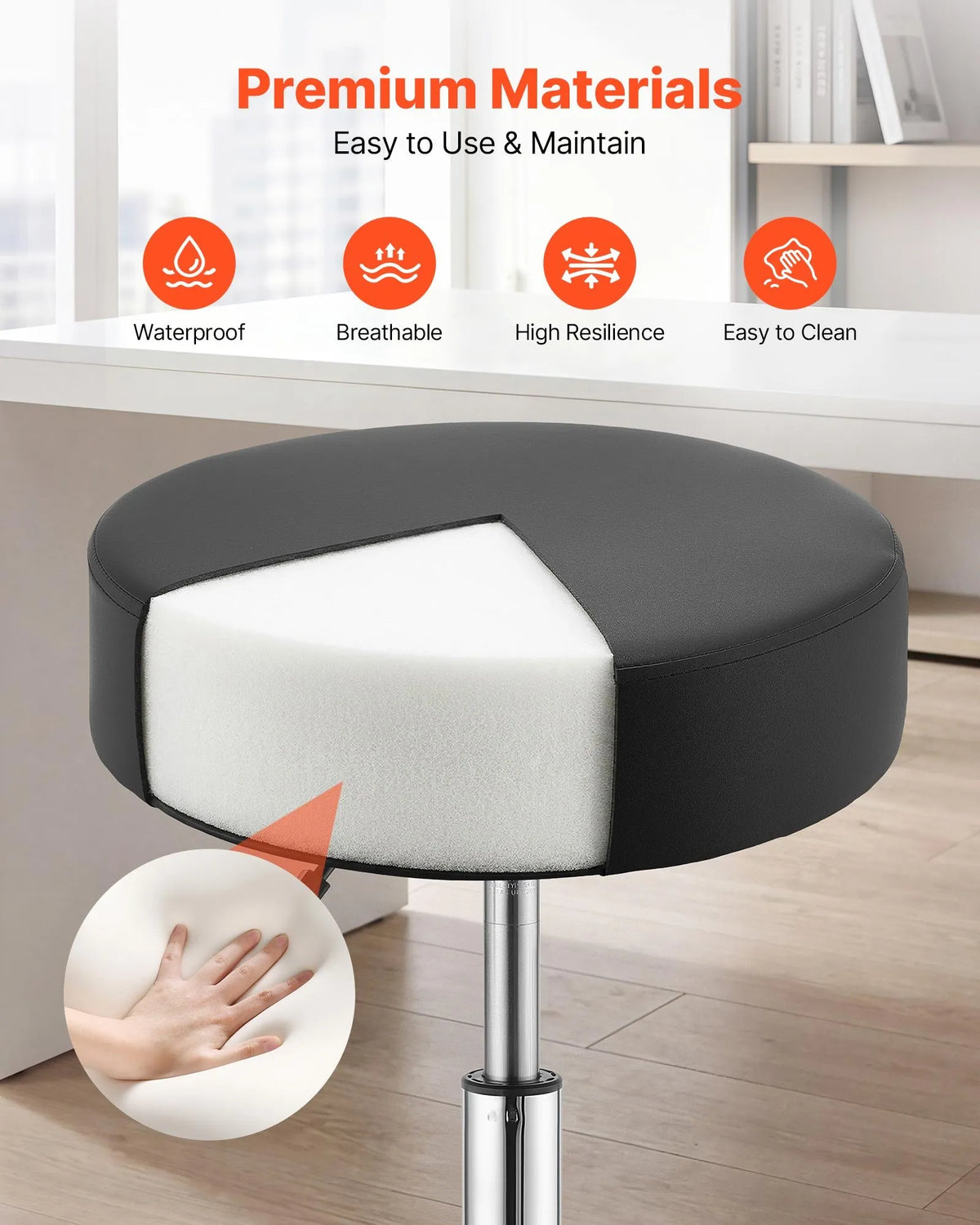 VEVOR Swivel Stools with Wheels, 2 pcs, Adjustable Height, PU Leather, 226.8 kg, Black