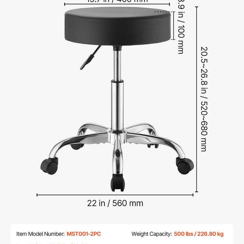 VEVOR 2 ergonomisku grozāmu taburešu komplekts ar riteņiem, regulējamu augstumu, biezu PU ādas sēdekli un 226,8 kg slodzi, salonam, spa un klīnikai, melnas