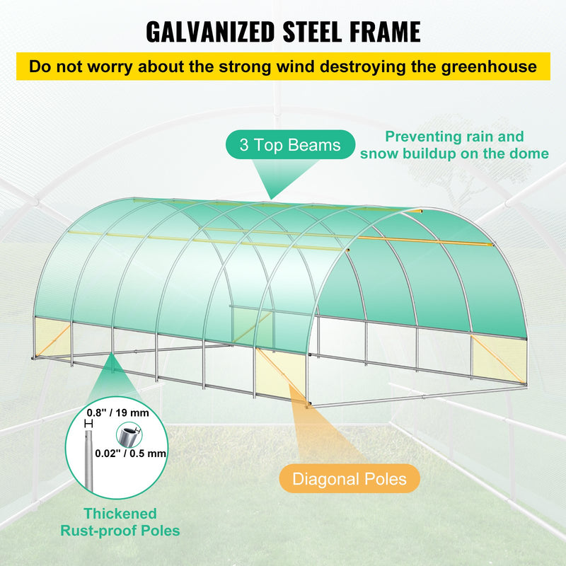VEVOR pārnēsājama augu siltumnīca 6,1 x 3 x 2,1 m ar cinkota tērauda stīpām, 3 augšējām sijām, 4 diagonāliem stabiem, 2 durvīm ar rāvējslēdzēju un 12 saliekamiem logiem, zaļā krāsā.