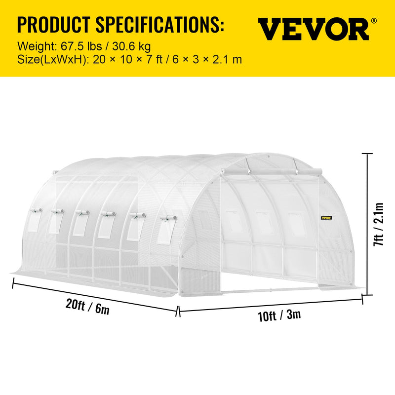 VEVOR pārnēsājama augu siltumnīca 6.1 x 3 x 2.1 m ar cinkota tērauda stīpām, 3 augšējām sijām, 4 diagonāliem stabiem, 2 durvīm ar rāvējslēdzēju un 12 saliekamiem logiem, baltā krāsā