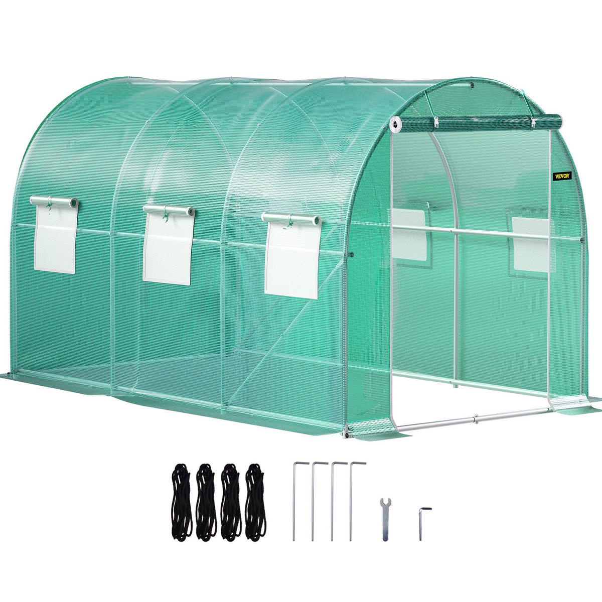 VEVOR Portable Plant Greenhouse, 3.6 x 2 x 2 m, with Galvanised Steel Hoops, 1 Top Brace, 2 Diagonal Braces, 2 Zip Doors and 6 Roll-Up Windows, Green