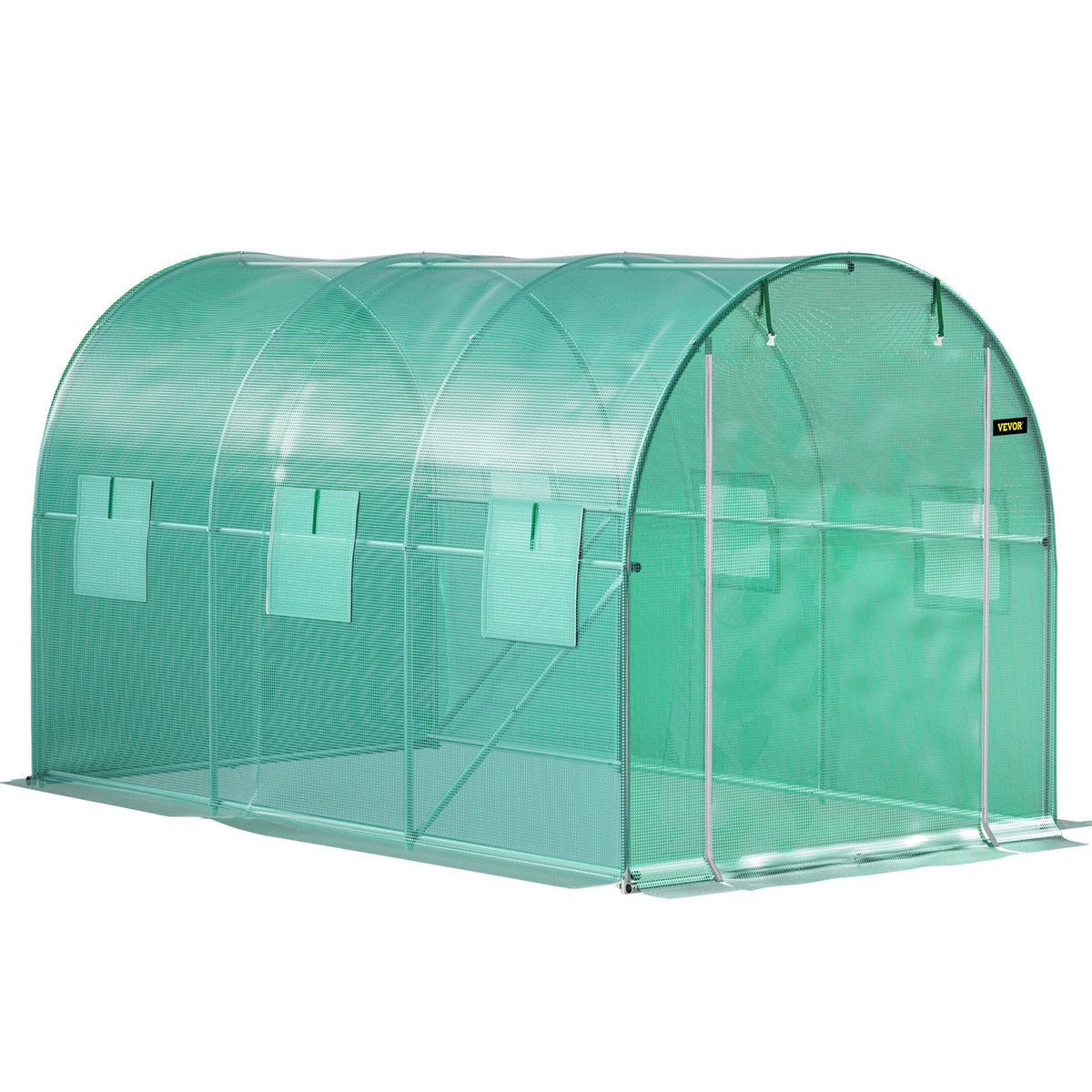 VEVOR Portable Plant Greenhouse, 3.6 x 2 x 2 m, with Galvanised Steel Hoops, 1 Top Brace, 2 Diagonal Braces, 2 Zip Doors and 6 Roll-Up Windows, Green