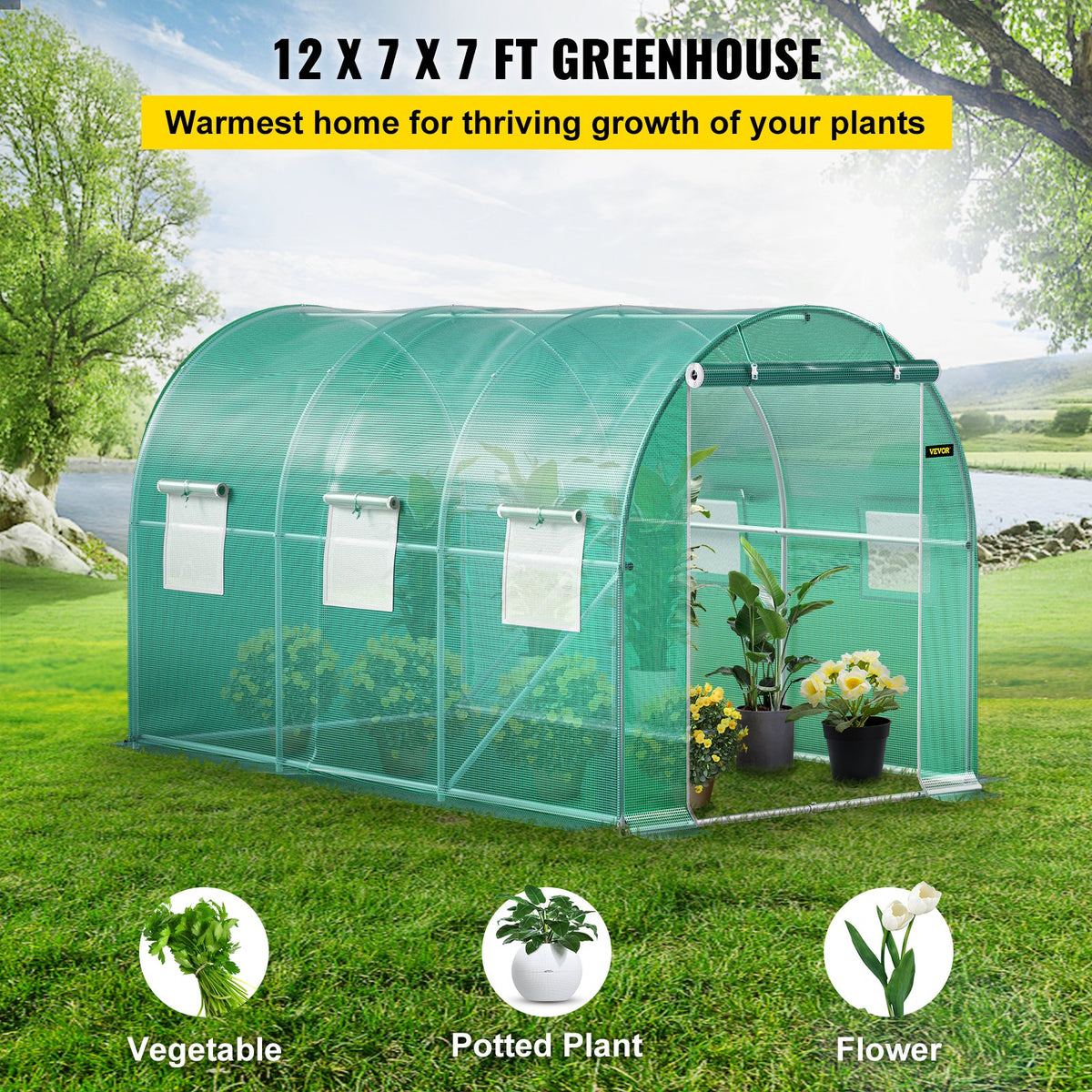 VEVOR Portable Plant Greenhouse, 3.6 x 2 x 2 m, with Galvanised Steel Hoops, 1 Top Brace, 2 Diagonal Braces, 2 Zip Doors and 6 Roll-Up Windows, Green
