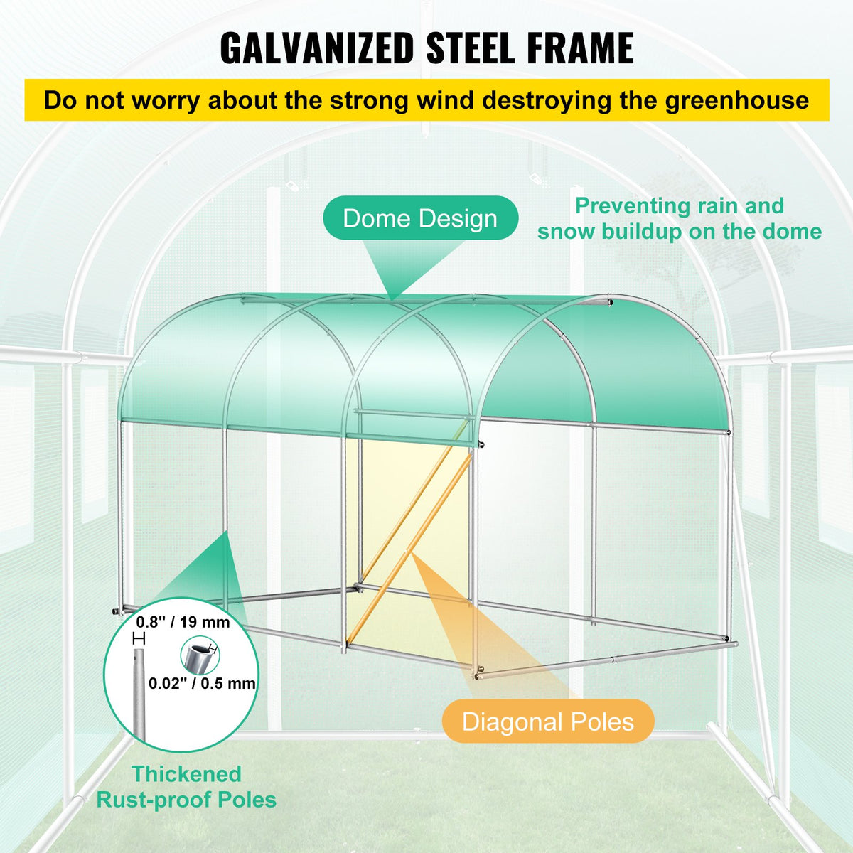 VEVOR Portable Plant Greenhouse, 3.6 x 2 x 2 m, with Galvanised Steel Hoops, 1 Top Brace, 2 Diagonal Braces, 2 Zip Doors and 6 Roll-Up Windows, Green