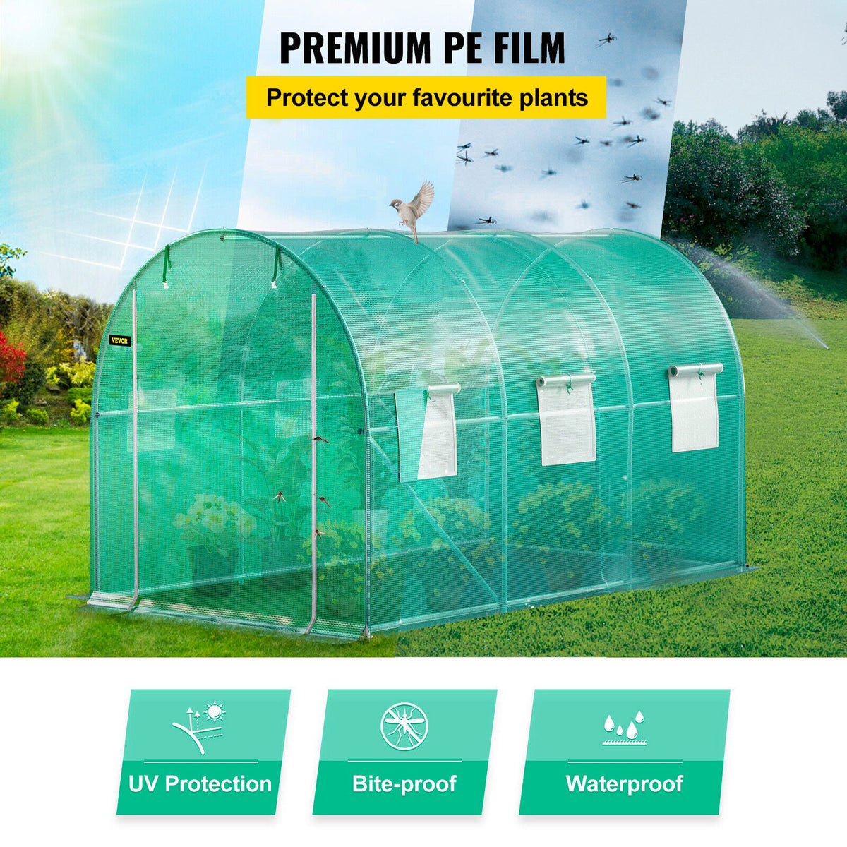 VEVOR Portable Plant Greenhouse, 3.6 x 2 x 2 m, with Galvanised Steel Hoops, 1 Top Brace, 2 Diagonal Braces, 2 Zip Doors and 6 Roll-Up Windows, Green