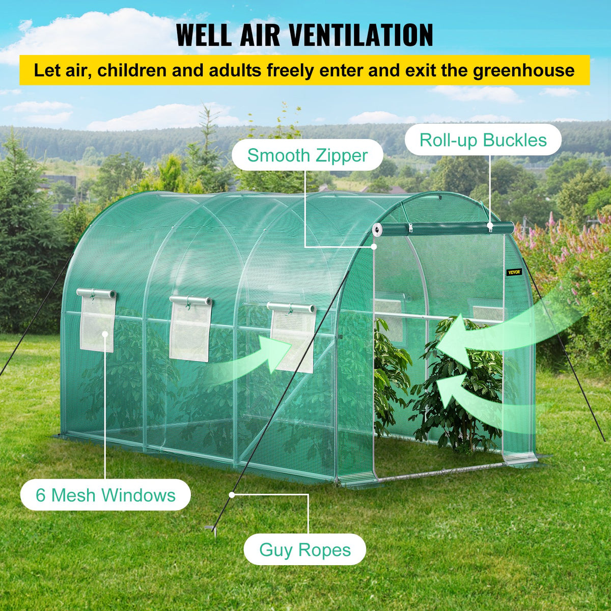 VEVOR Portable Plant Greenhouse, 3.6 x 2 x 2 m, with Galvanised Steel Hoops, 1 Top Brace, 2 Diagonal Braces, 2 Zip Doors and 6 Roll-Up Windows, Green