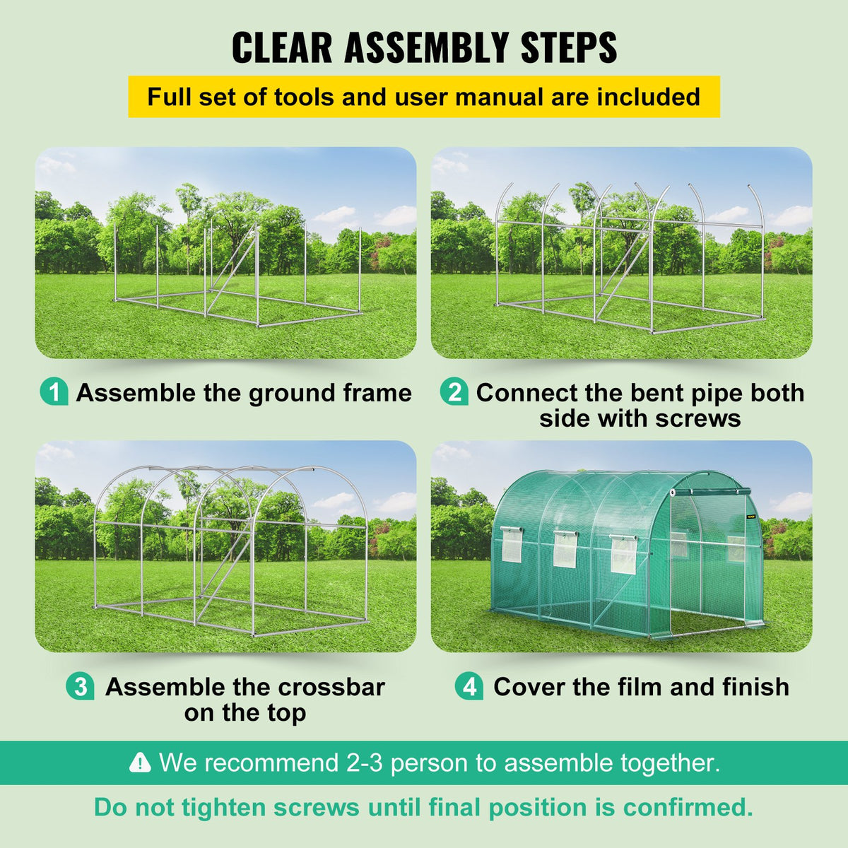 VEVOR Portable Plant Greenhouse, 3.6 x 2 x 2 m, with Galvanised Steel Hoops, 1 Top Brace, 2 Diagonal Braces, 2 Zip Doors and 6 Roll-Up Windows, Green