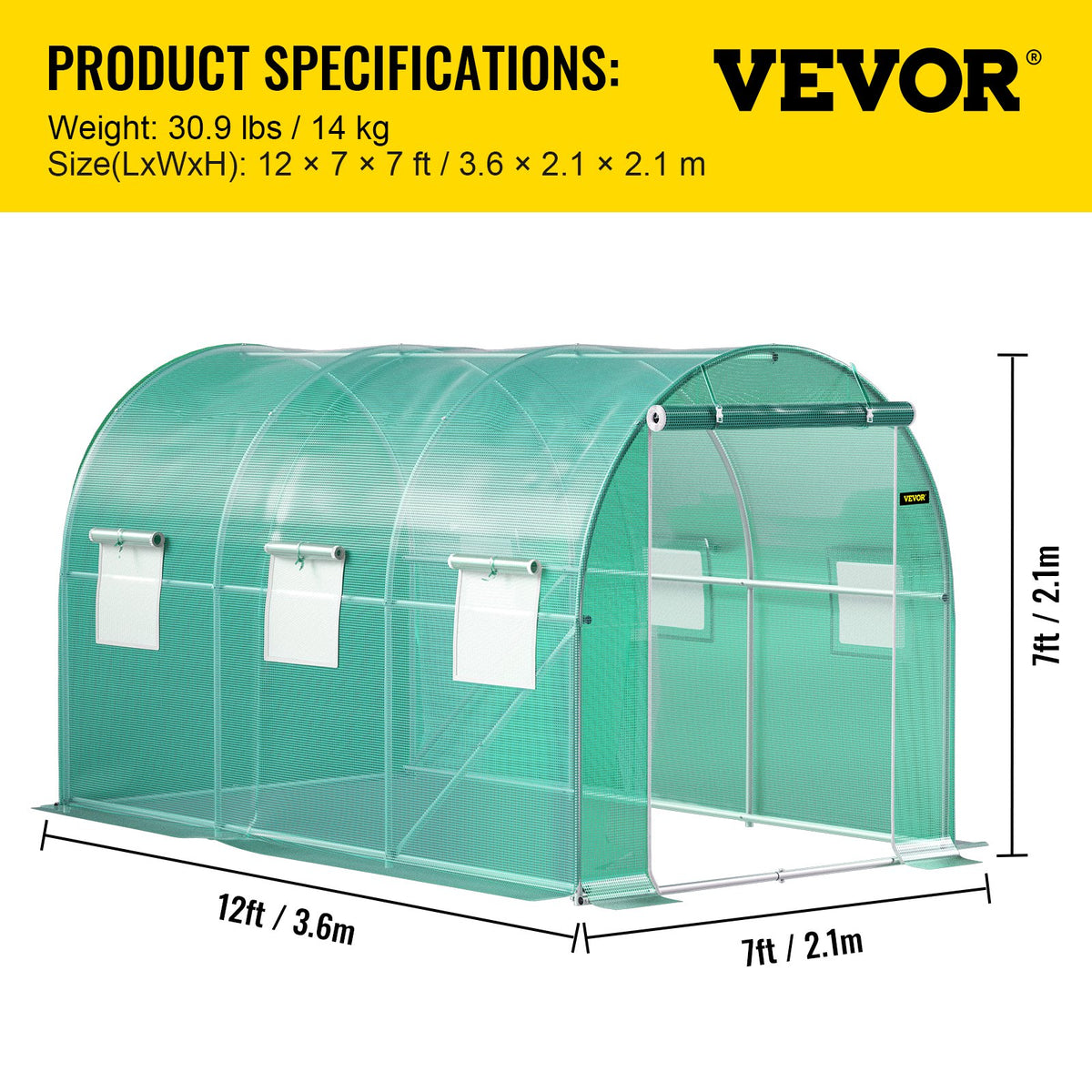 VEVOR Portable Plant Greenhouse, 3.6 x 2 x 2 m, with Galvanised Steel Hoops, 1 Top Brace, 2 Diagonal Braces, 2 Zip Doors and 6 Roll-Up Windows, Green