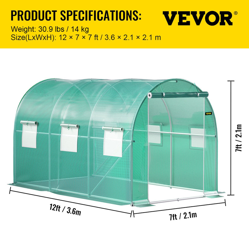 VEVOR  pārnēsājama augu siltumnīca, 3.6 x 2 x 2 m, ar cinkotiem tērauda lokiem, 1 augšējo balstu, 2 diagonālajiem balstiem, 2 rāvējslēdzēju durvīm un 6 uzrullējamajiem logiem, zaļā krāsā