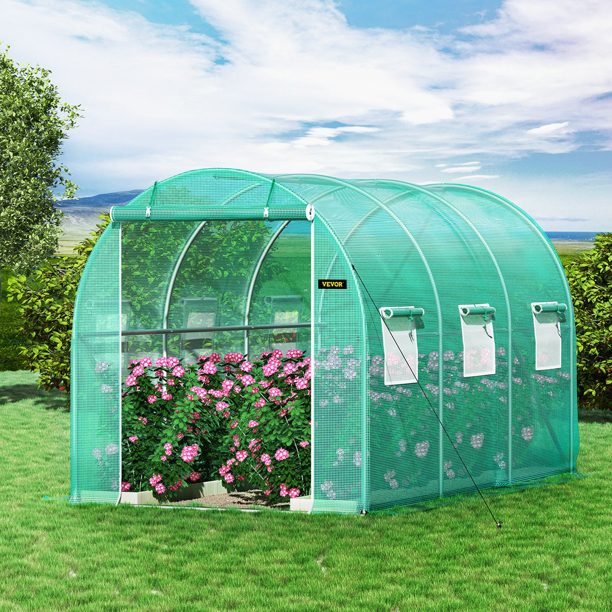 VEVOR Portable Plant Greenhouse, 3.6 x 2 x 2 m, with Galvanised Steel Hoops, 1 Top Brace, 2 Diagonal Braces, 2 Zip Doors and 6 Roll-Up Windows, Green