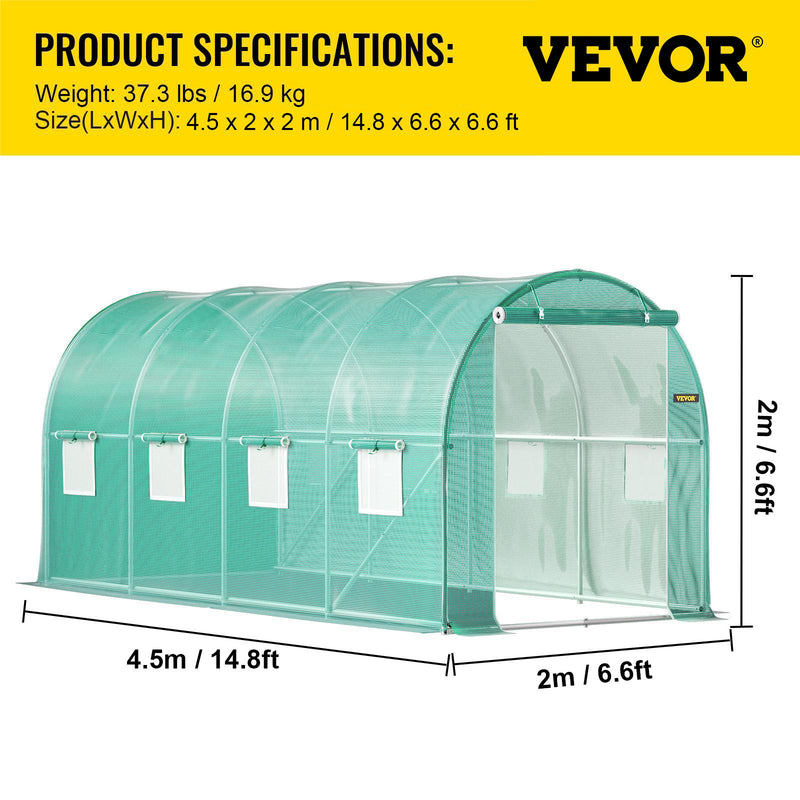 VEVOR pārnēsājama augu siltumnīca, 4.5 x 2 x 2 m  ar cinkota tērauda stīpām, 1 augšējā sija, 2 diagonālie stabi, 2 durvis ar rāvējslēdzēju un 8 saliekamie logi, zaļa