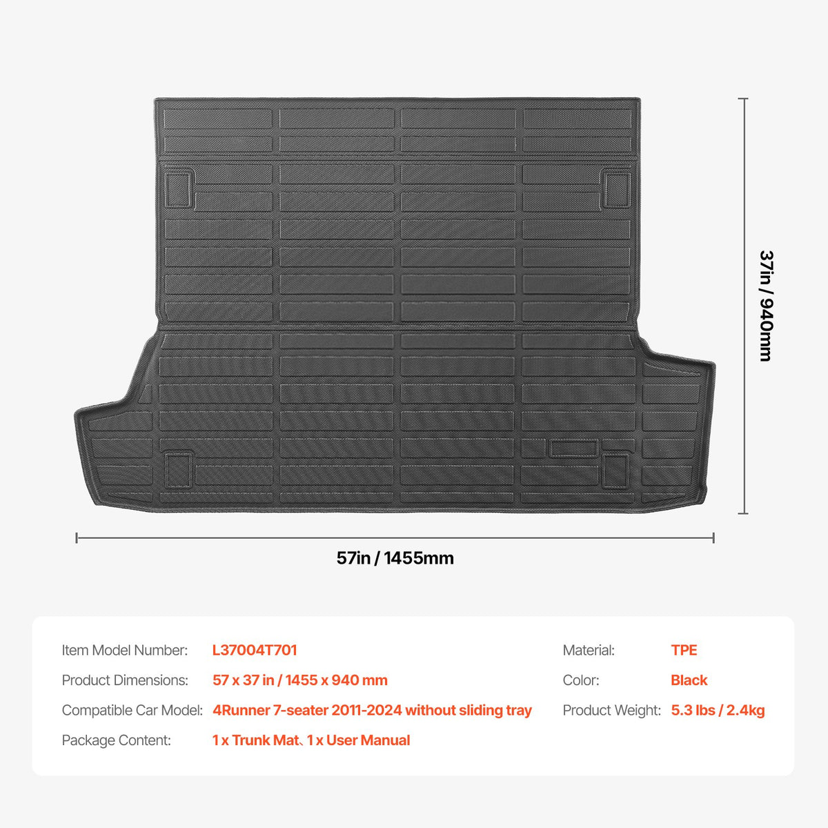 VEVOR Cargo Mat, All-Weather TPE Material, Tailored for Toyota 4Runner 7-Seater, 2010-2026