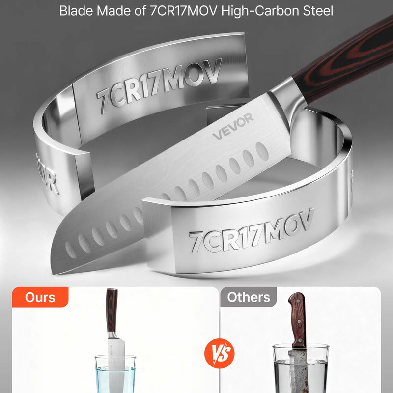 VEVOR virtuves nažu komplekts ar bloku un asināmo, 15 daļas, augsta oglekļa nerūsējošā tērauda naži, noturīgi pret rūsu, ergonomiski rokturi, asināmais stienis un augstvērtīgs koka bloks mājas lietošanai