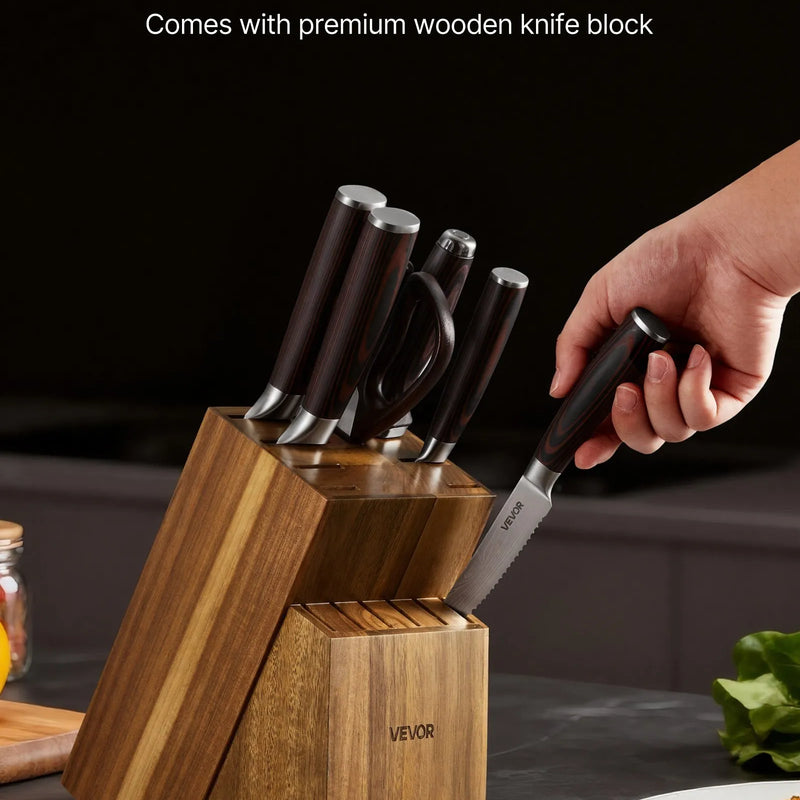 VEVOR virtuves nažu komplekts ar bloku un asināmo, 15 daļas, augsta oglekļa nerūsējošā tērauda naži, noturīgi pret rūsu, ergonomiski rokturi, asināmais stienis un augstvērtīgs koka bloks mājas lietošanai