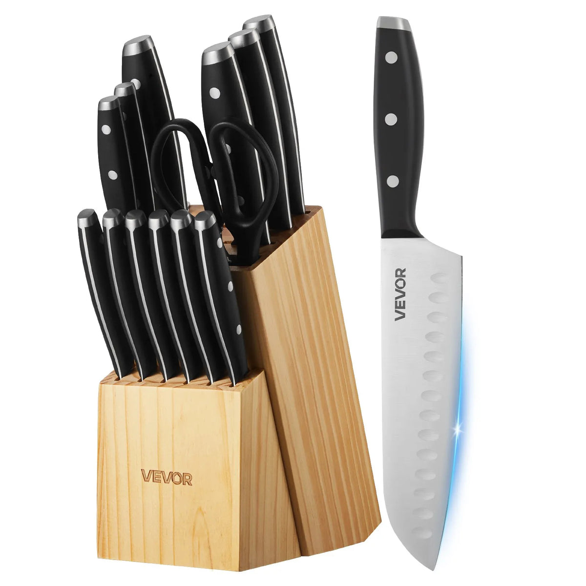 VEVOR 15-Piece Kitchen Knife Set with Wooden Block and Sharpener, High Carbon Stainless Steel, Ergonomic Handles