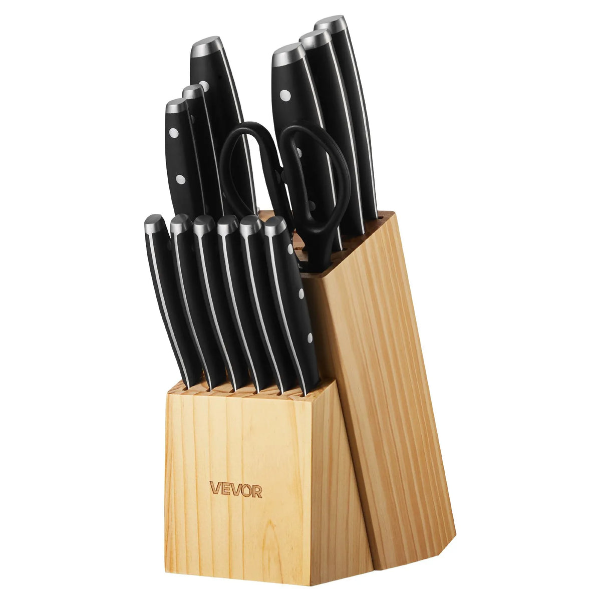VEVOR 15-Piece Kitchen Knife Set with Wooden Block and Sharpener, High Carbon Stainless Steel, Ergonomic Handles