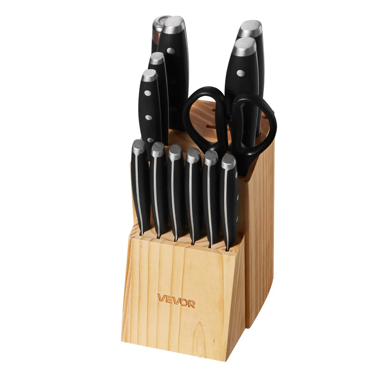 VEVOR 15-Piece Kitchen Knife Set with Wooden Block and Sharpener, High Carbon Stainless Steel, Ergonomic Handles