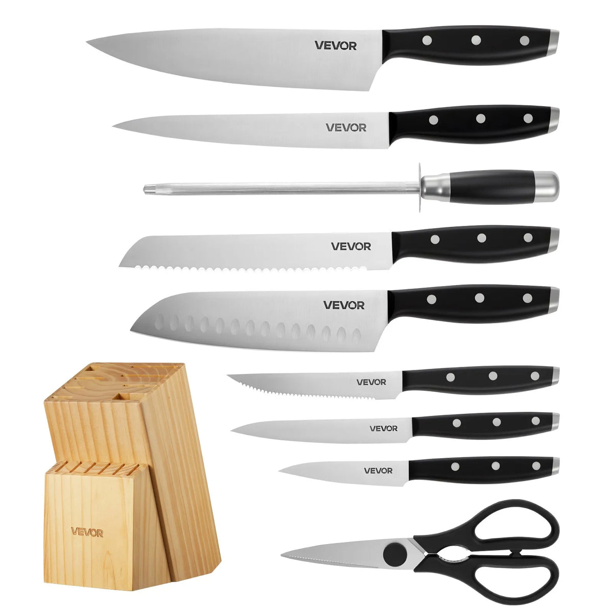 VEVOR 15-Piece Kitchen Knife Set with Wooden Block and Sharpener, High Carbon Stainless Steel, Ergonomic Handles