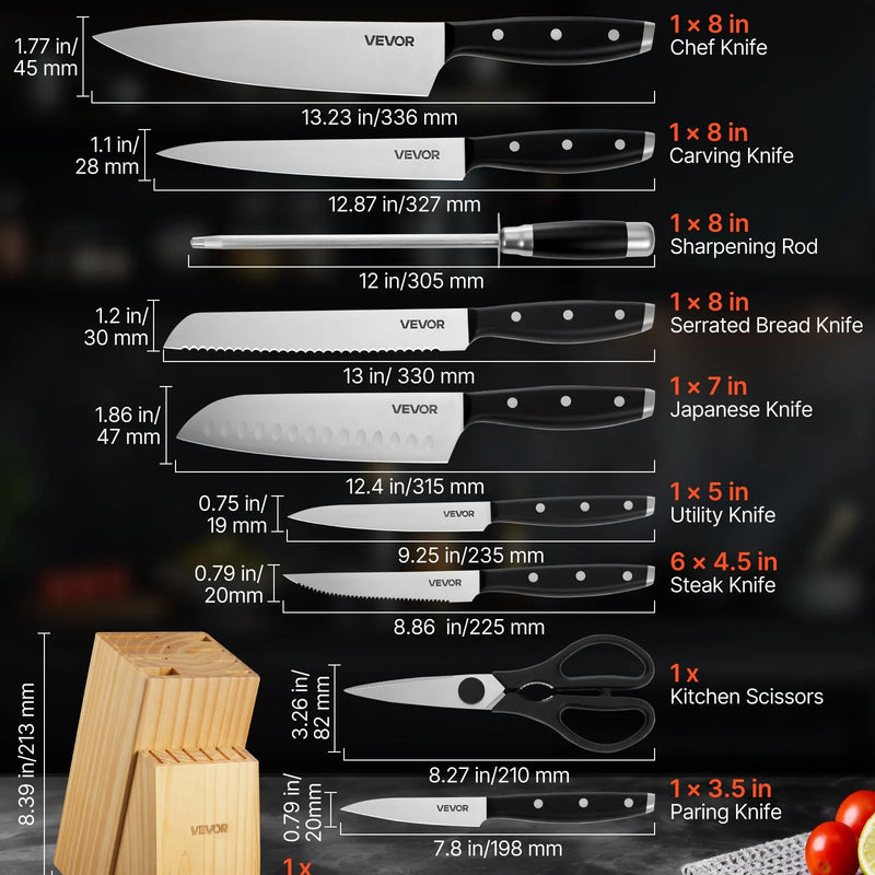 VEVOR virtuves nažu komplekts ar bloku un asināmo, 15 daļas, augsta oglekļa nerūsējošā tērauda asi naži, virtuves piederumi ar ergonomisku rokturi, asināmais stienis un augstvērtīgs koka bloks mājas pavāriem