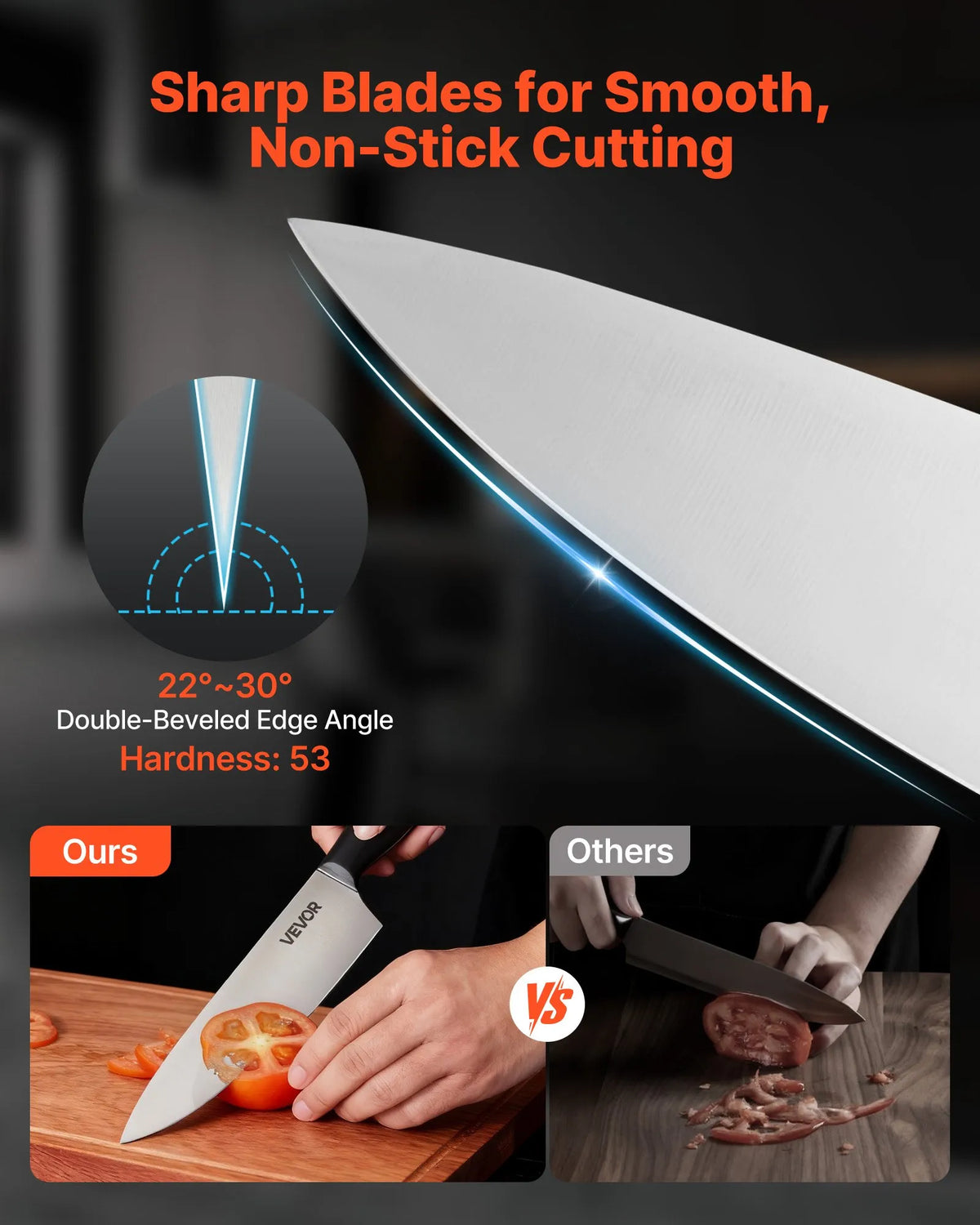 VEVOR 15-Piece Kitchen Knife Set with Wooden Block and Sharpener, High Carbon Stainless Steel, Ergonomic Handles