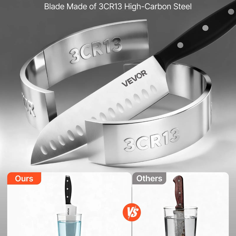 VEVOR virtuves nažu komplekts ar bloku un asināmo, 15 daļas, augsta oglekļa nerūsējošā tērauda asi naži, virtuves piederumi ar ergonomisku rokturi, asināmais stienis un augstvērtīgs koka bloks mājas pavāriem