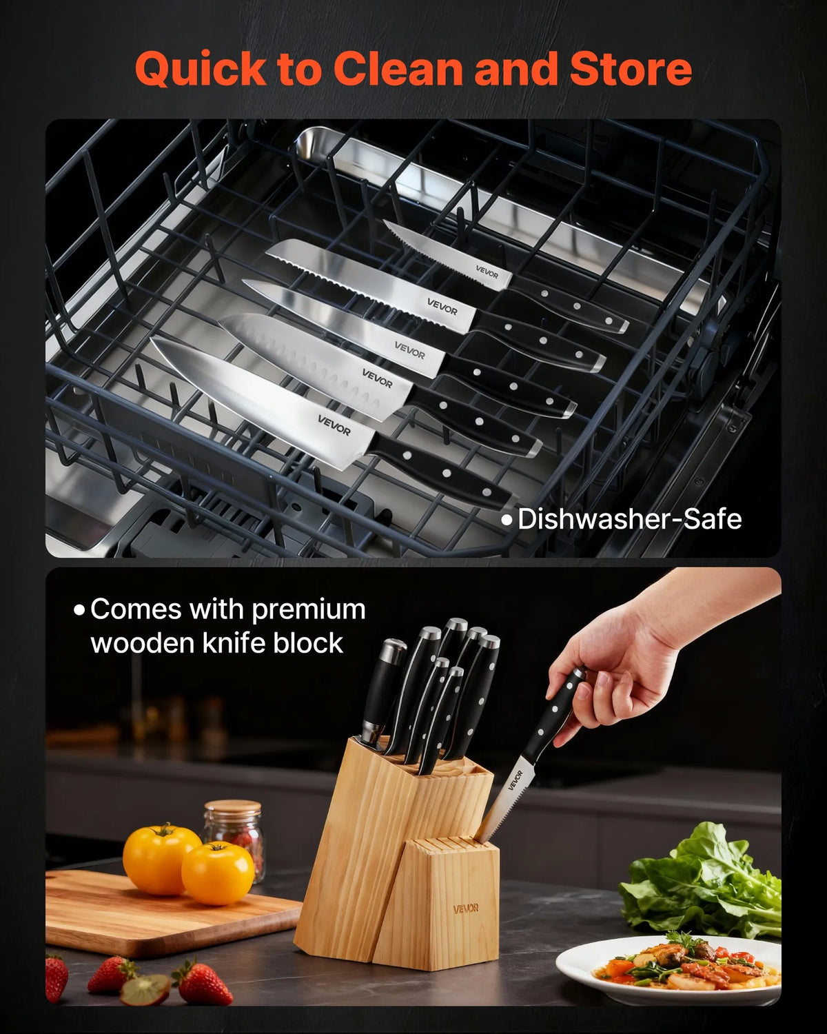 VEVOR 15-Piece Kitchen Knife Set with Wooden Block and Sharpener, High Carbon Stainless Steel, Ergonomic Handles