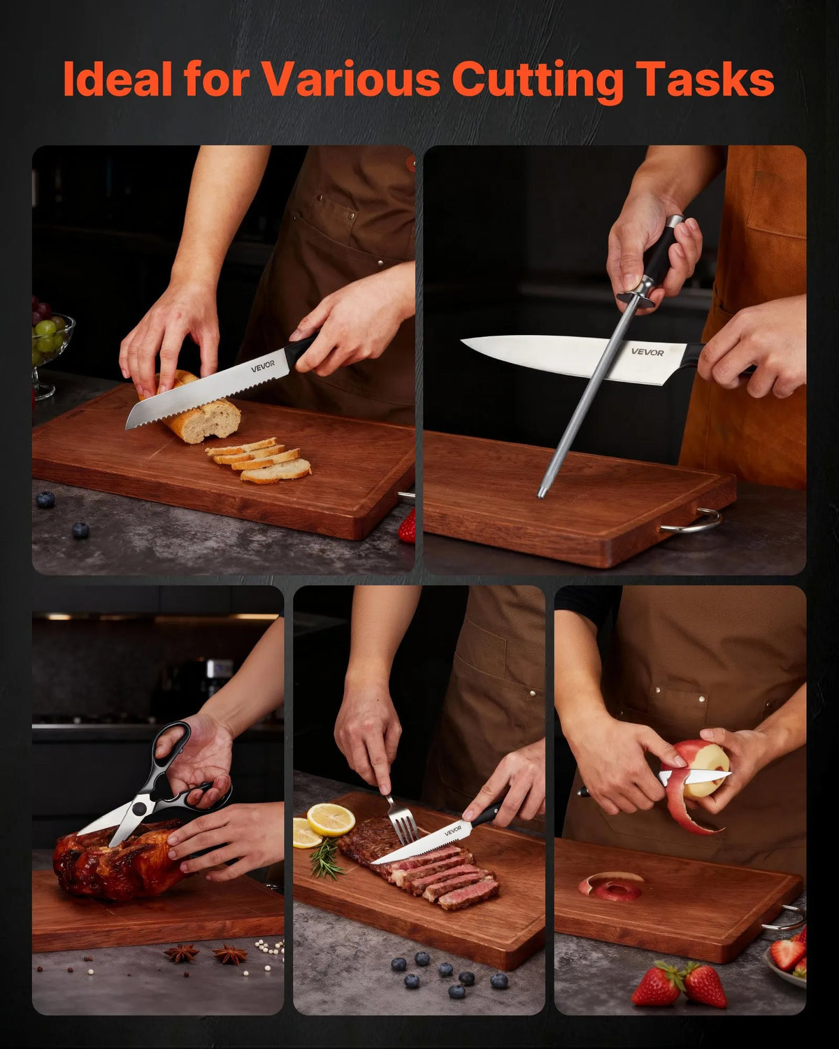 VEVOR 15-Piece Kitchen Knife Set with Wooden Block and Sharpener, High Carbon Stainless Steel, Ergonomic Handles