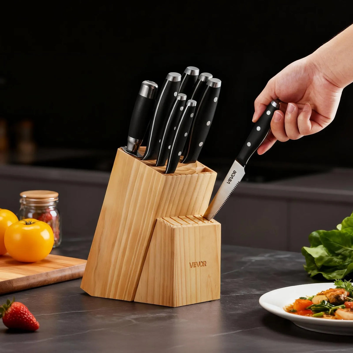 VEVOR 15-Piece Kitchen Knife Set with Wooden Block and Sharpener, High Carbon Stainless Steel, Ergonomic Handles