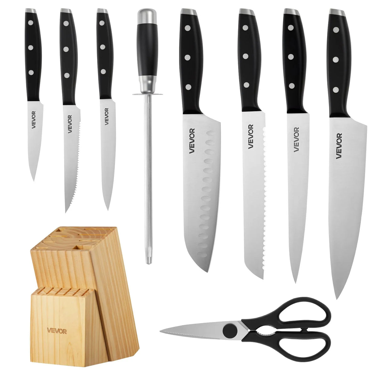 VEVOR 15-Piece Kitchen Knife Set with Wooden Block and Sharpener, High Carbon Stainless Steel, Ergonomic Handles