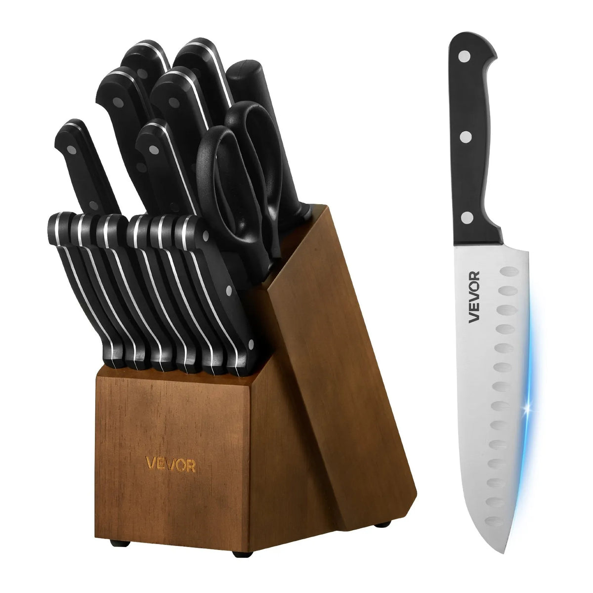 VEVOR 15-Piece Kitchen Knife Set with Wooden Block and Sharpener, German High Carbon Stainless Steel, ABS Handles