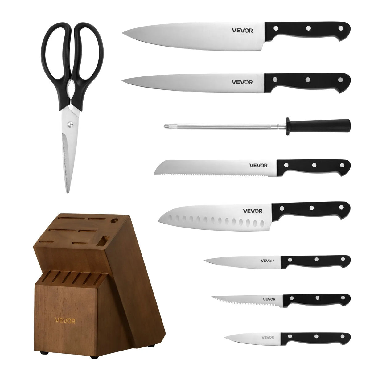 VEVOR 15-Piece Kitchen Knife Set with Wooden Block and Sharpener, German High Carbon Stainless Steel, ABS Handles