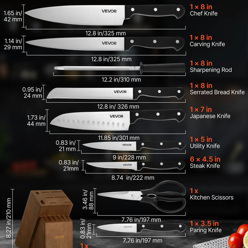 VEVOR virtuves nažu komplekts ar bloku un asināmo, 15 daļas, vācu augsta oglekļa nerūsējošā tērauda naži, virtuves piederumi ar ergonomisku ABS rokturi, asināmais stienis un koka bloks mājas pavāriem