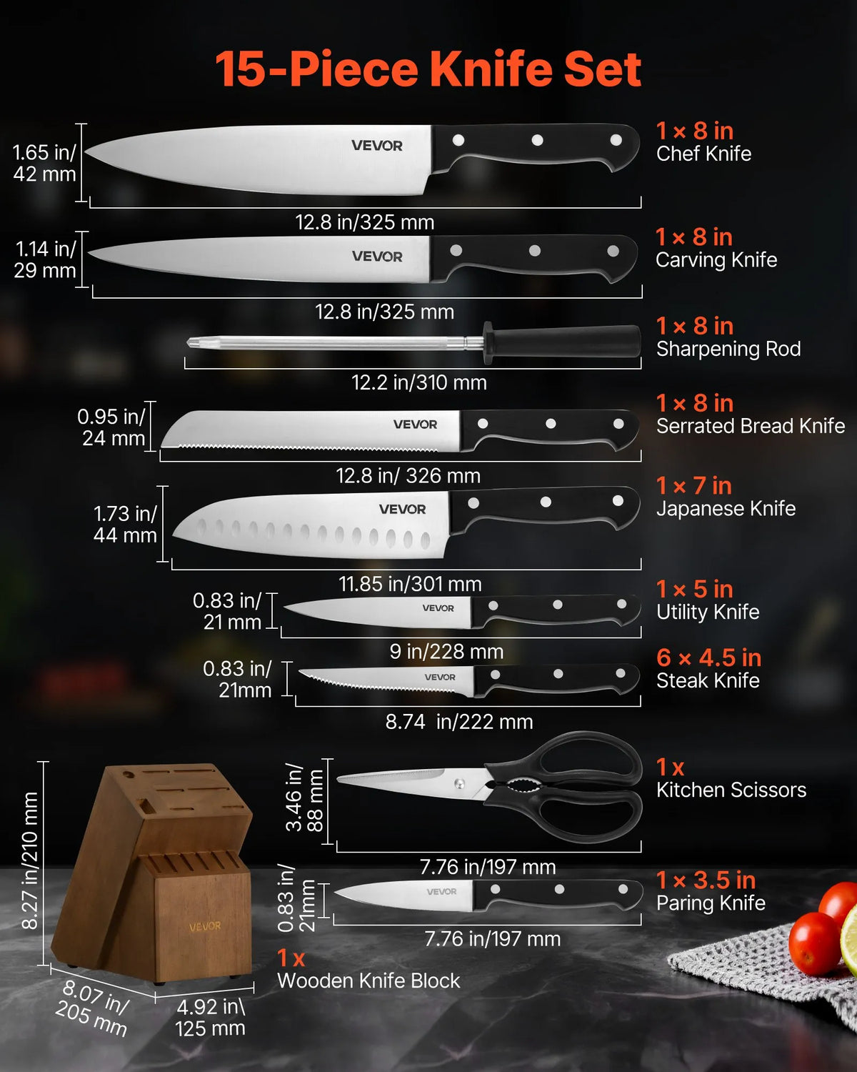 VEVOR 15-Piece Kitchen Knife Set with Wooden Block and Sharpener, German High Carbon Stainless Steel, ABS Handles