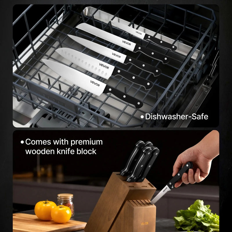 VEVOR virtuves nažu komplekts ar bloku un asināmo, 15 daļas, vācu augsta oglekļa nerūsējošā tērauda naži, virtuves piederumi ar ergonomisku ABS rokturi, asināmais stienis un koka bloks mājas pavāriem