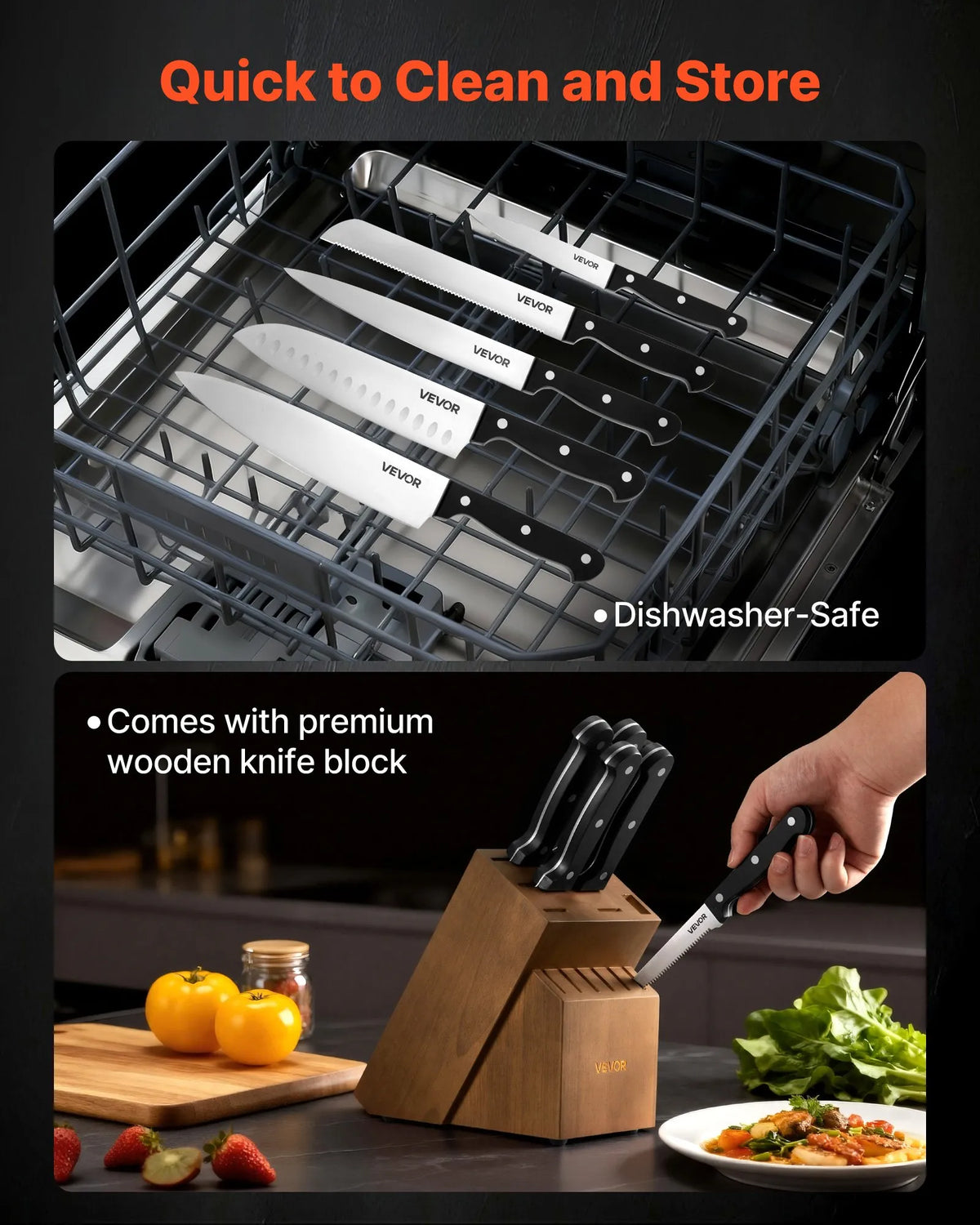 VEVOR 15-Piece Kitchen Knife Set with Wooden Block and Sharpener, German High Carbon Stainless Steel, ABS Handles