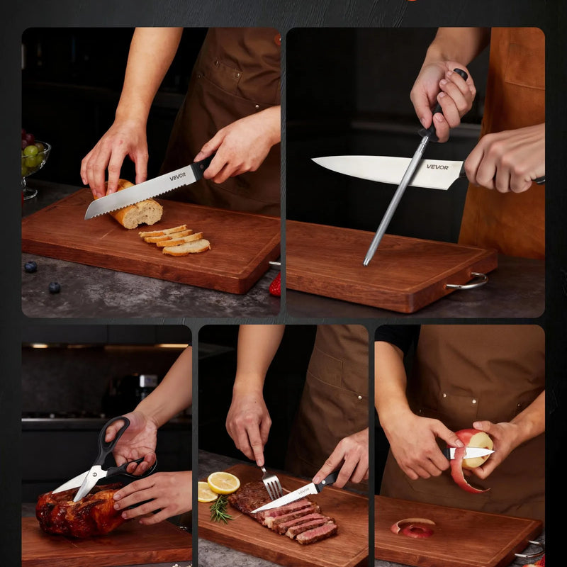 VEVOR virtuves nažu komplekts ar bloku un asināmo, 15 daļas, vācu augsta oglekļa nerūsējošā tērauda naži, virtuves piederumi ar ergonomisku ABS rokturi, asināmais stienis un koka bloks mājas pavāriem