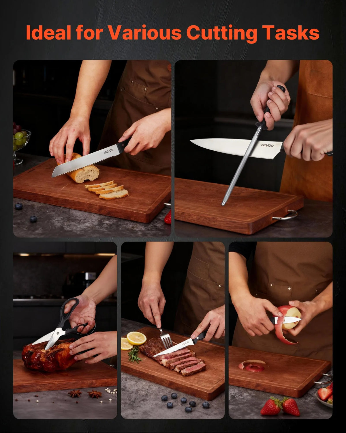 VEVOR 15-Piece Kitchen Knife Set with Wooden Block and Sharpener, German High Carbon Stainless Steel, ABS Handles