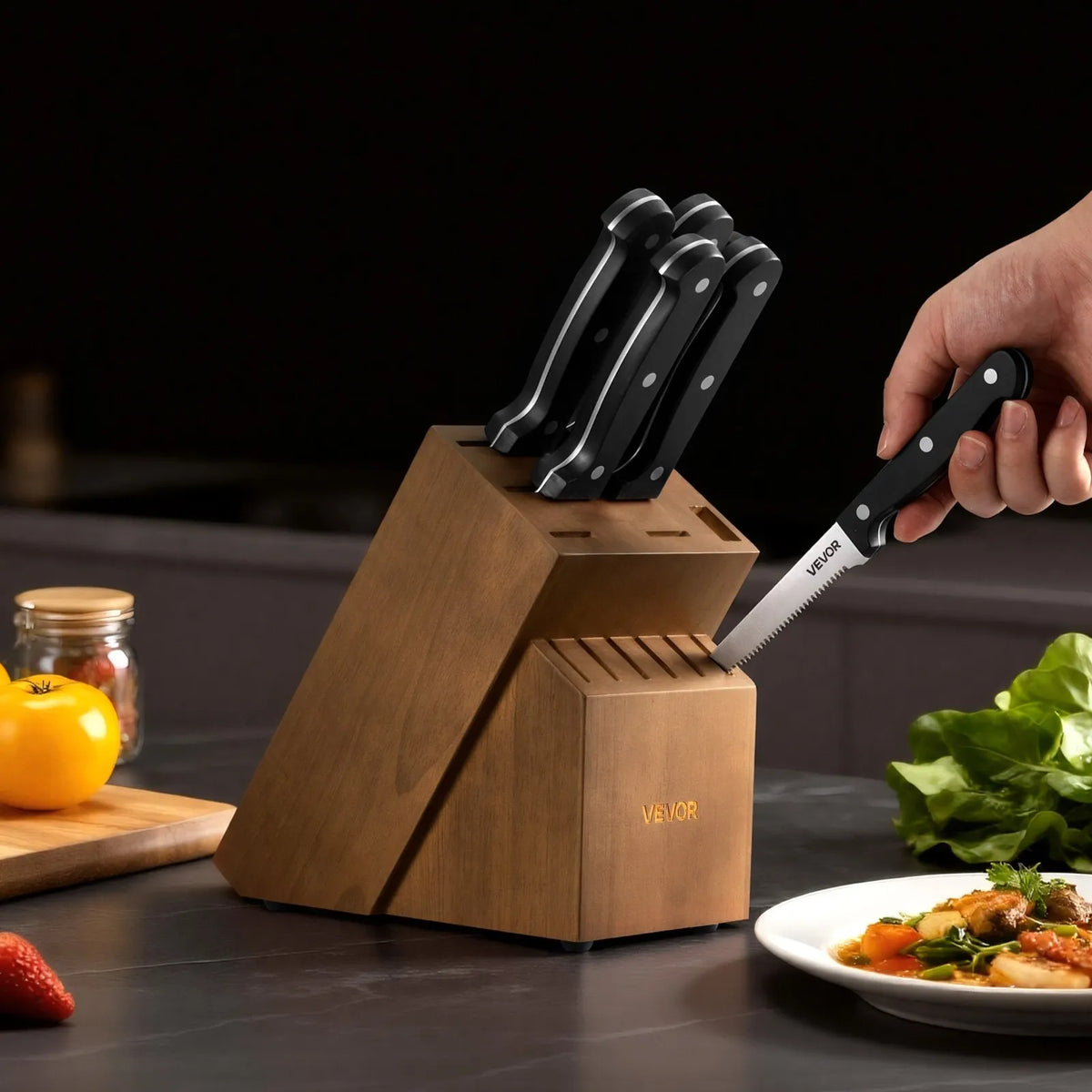 VEVOR 15-Piece Kitchen Knife Set with Wooden Block and Sharpener, German High Carbon Stainless Steel, ABS Handles