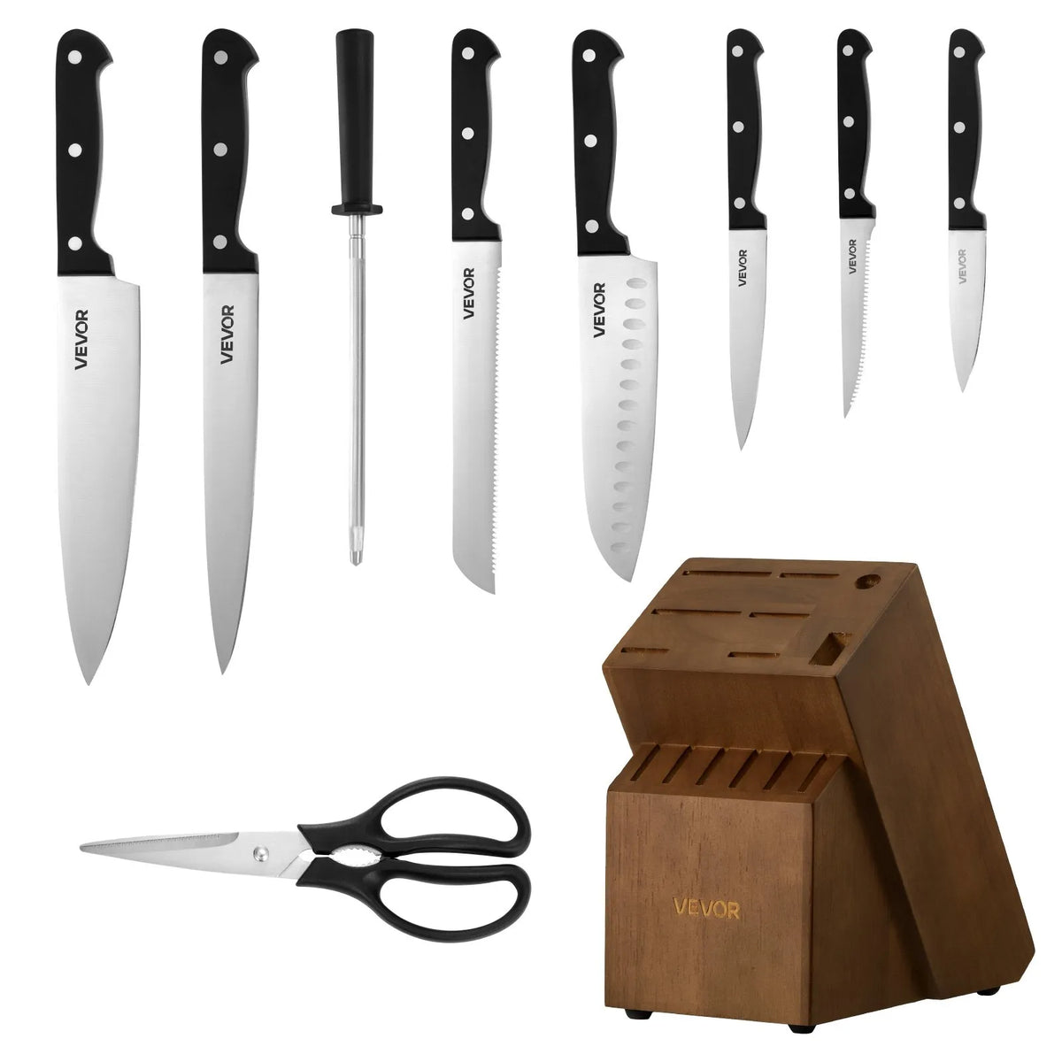 VEVOR 15-Piece Kitchen Knife Set with Wooden Block and Sharpener, German High Carbon Stainless Steel, ABS Handles
