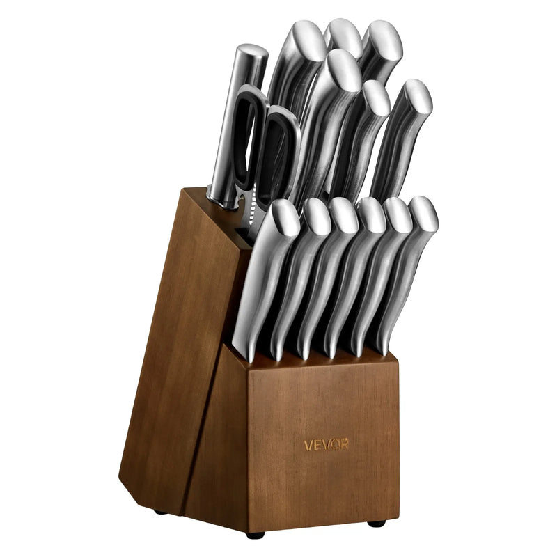 VEVOR virtuves nažu komplekts ar bloku un asināmo, 15 daļas, no vācu augsta oglekļa nerūsējošā tērauda, ergonomiski rokturi, asināmais stienis un koka nažu bloks, mājas lietošanai