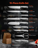 VEVOR virtuves nažu komplekts ar bloku un asināmo, 15 daļas, no vācu augsta oglekļa nerūsējošā tērauda, ergonomiski rokturi, asināmais stienis un koka nažu bloks, mājas lietošanai